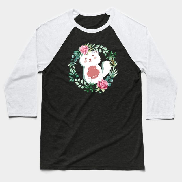 Cute Cat With Flowers and pink background Baseball T-Shirt by AwesomeDesignArt